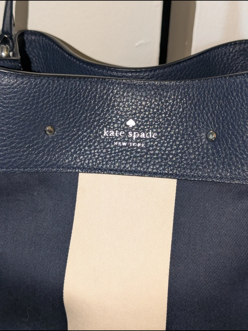 Kate Spade New York Canvas Drawstring Shoulder Bag in Navy Blue and Cream Stripe